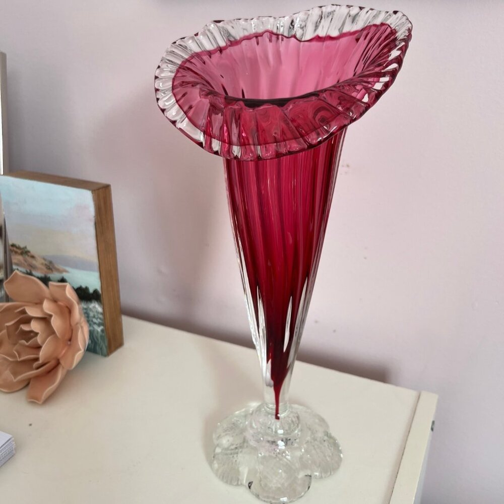 Vintage Cranberry Glass Vase, Chalet Glass with Ruffled Top